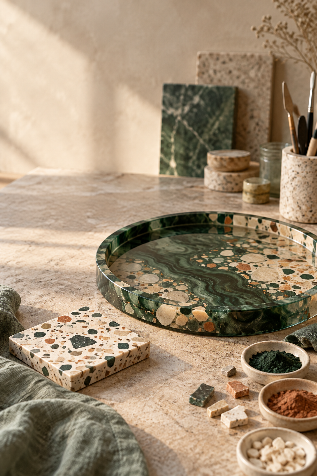 Handgemaakt epoxy- en terrazzo-object op maat in een atelier